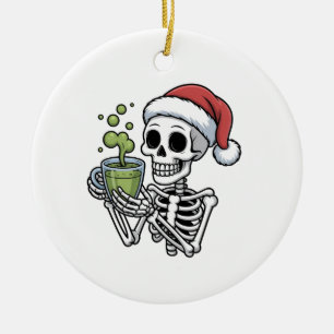 Skeleton Holding Matcha Drink Wearing Santa Hat Ceramic Tree Decoration