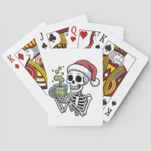 Skeleton Holding Matcha Drink Wearing Santa Hat Playing Cards
