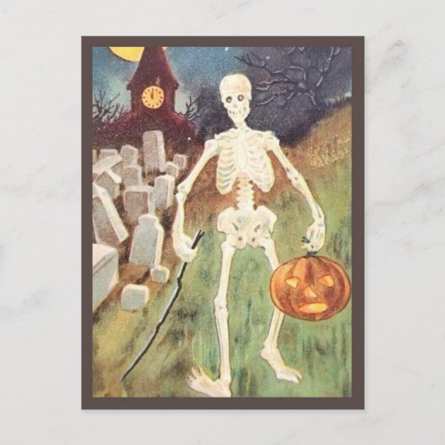 Skeleton Holding Pumpkin - Vintage Halloween Postcard (Front)