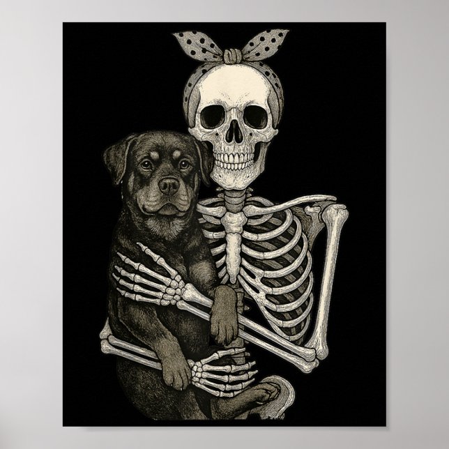 Skeleton Holding Rottweiler Dog Funny Lazy Hallowe Poster (Front)