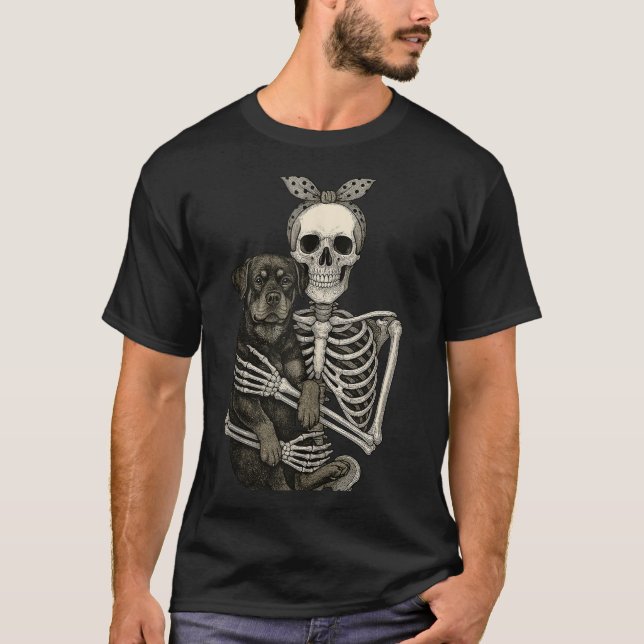 Skeleton Holding Rottweiler Dog Lazy Halloween  T-Shirt (Front)