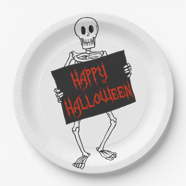 Skeleton Holding Sign Happy Halloween Paper Plate (Front)