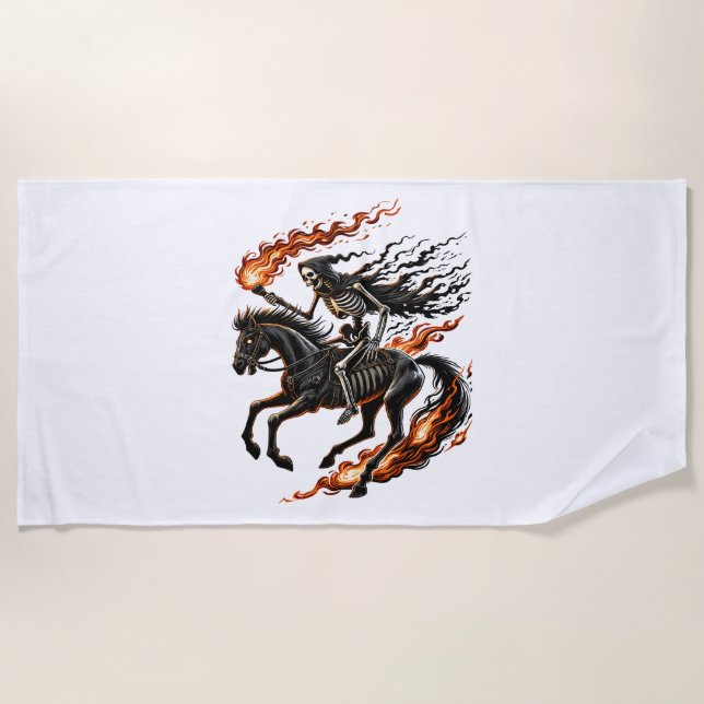 Skeleton Horseman Riding Flaming Horse Beach Towel (Front)