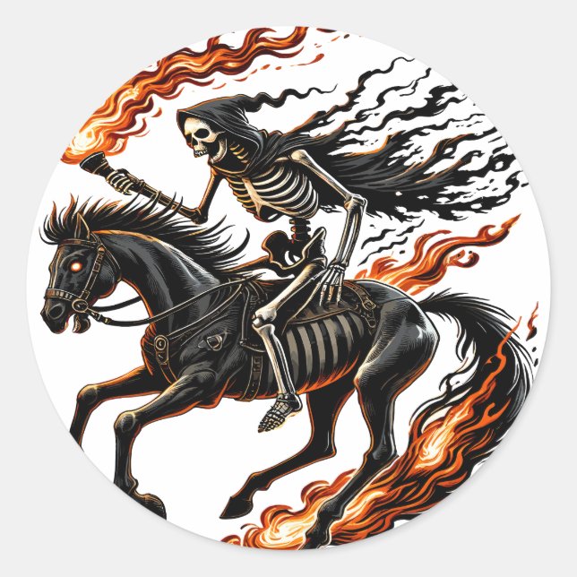 Skeleton Horseman Riding Flaming Horse Classic Round Sticker (Front)