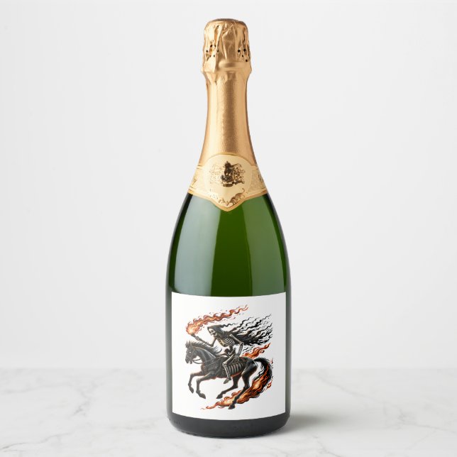 Skeleton Horseman Riding Flaming Horse Sparkling Wine Label (Front)