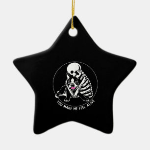 SKELETON HUG BOSTON TERRIER YOU MAKE ME FEEL ALIVE CERAMIC TREE DECORATION