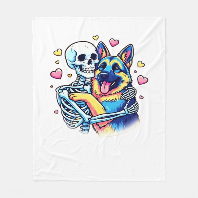 Skeleton Hugging a German Shepherd � Unique Gothic Fleece Blanket (Front)