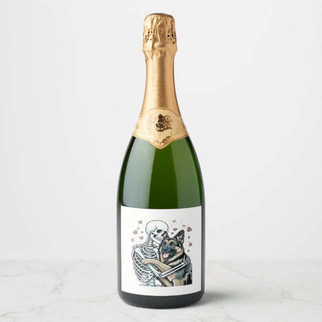 Skeleton Hugging a German Shepherd � Unique Gothic Sparkling Wine Label (Front)