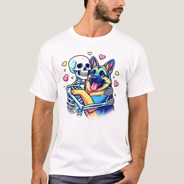 Skeleton Hugging a German Shepherd � Unique Gothic T-Shirt (Front)