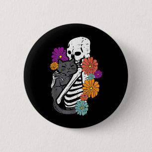 Skeleton Hugging Black Cat Flowers Halloween Women 6 Cm Round Badge