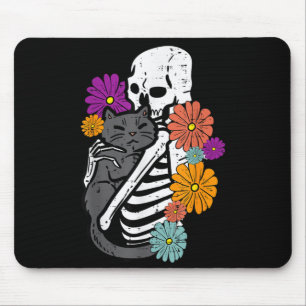 Skeleton Hugging Black Cat Flowers Halloween Women Mouse Mat
