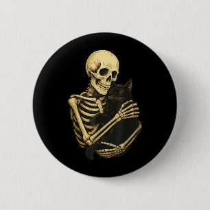 Skeleton Hugging Black Cat Funny Halloween 6 Cm Round Badge