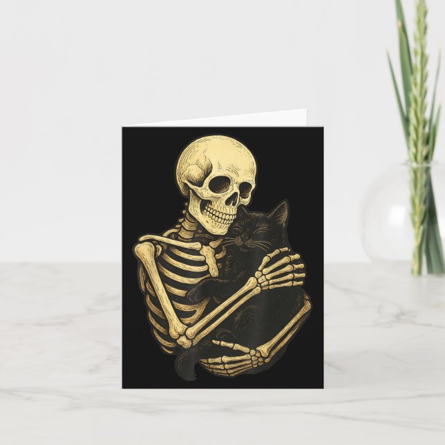 Skeleton Hugging Black Cat Funny Halloween Card (Front)