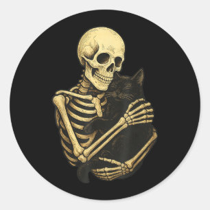 Skeleton Hugging Black Cat Funny Halloween Classic Round Sticker