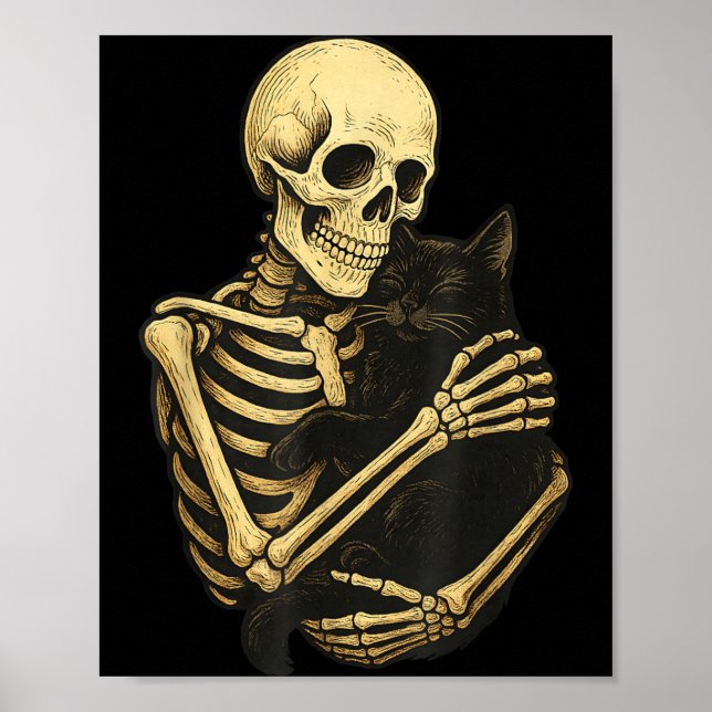 Skeleton Hugging Black Cat Funny Halloween Poster (Front)