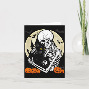Skeleton Hugging Black Cat Halloween Gothic Design Card