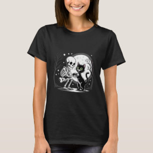 Skeleton Hugging Black Cat Under Full Moon Hallowe T-Shirt