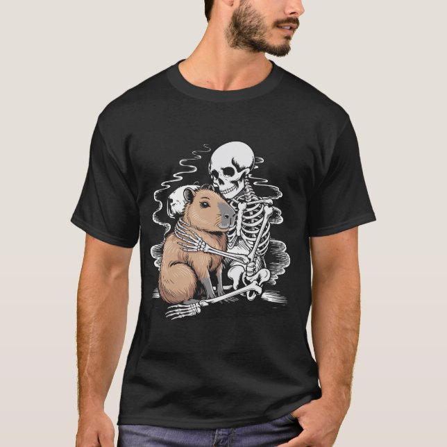 Skeleton Hugging Capybara Halloween T-Shirt – Cute (Front)