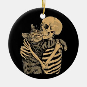  Skeleton Hugging Cat – Cute Gothic Cat Lover Gift Ceramic Tree Decoration