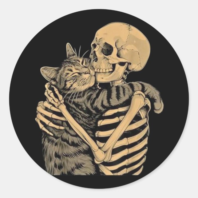  Skeleton Hugging Cat – Cute Gothic Cat Lover Gift Classic Round Sticker (Front)