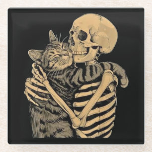 Skeleton Hugging Cat – Cute Gothic Cat Lover Gift Glass Coaster