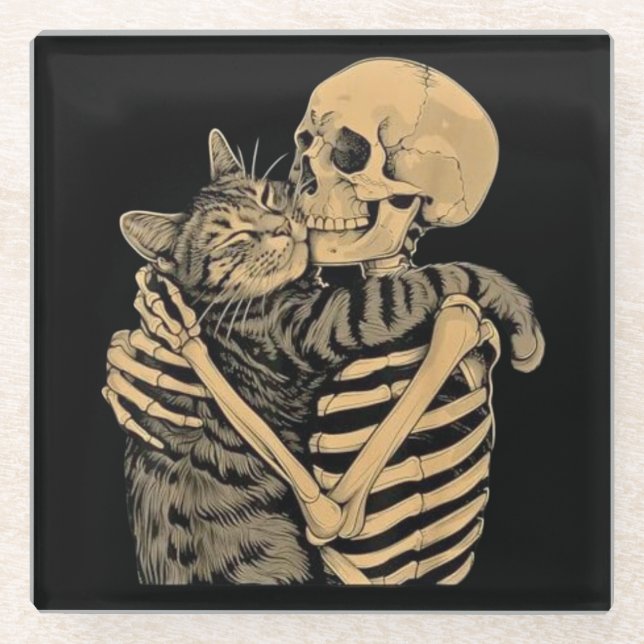  Skeleton Hugging Cat – Cute Gothic Cat Lover Gift Glass Coaster (Front)