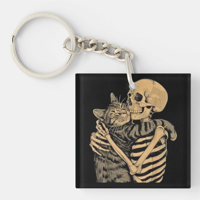  Skeleton Hugging Cat – Cute Gothic Cat Lover Gift Key Ring (Front)