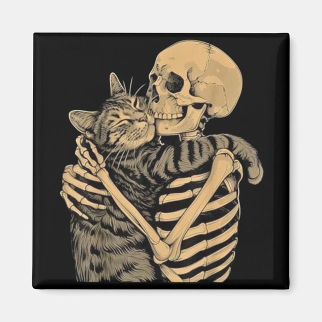  Skeleton Hugging Cat – Cute Gothic Cat Lover Gift Magnet (Front)