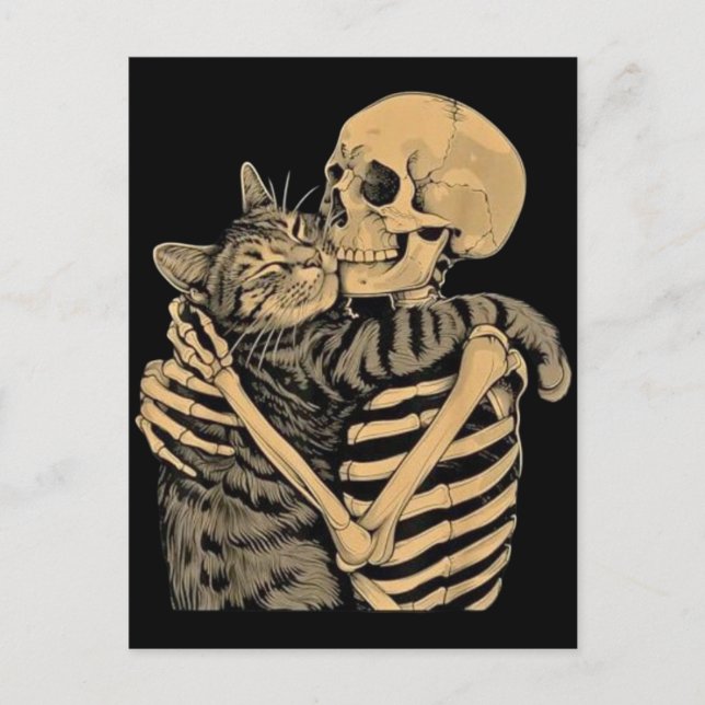  Skeleton Hugging Cat – Cute Gothic Cat Lover Gift Postcard (Front)