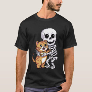 Skeleton Hugging Cat Cute Halloween Graphic Pixel  T-Shirt