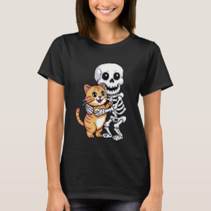 Skeleton Hugging Cat Cute Halloween Graphic Pixel  T-Shirt
