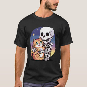 Skeleton Hugging Cat Cute Halloween Graphic Pixel  T-Shirt