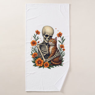 Skeleton Hugging Cat Floral Halloween Cats Lover Bath Towel