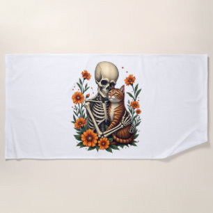 Skeleton Hugging Cat Floral Halloween Cats Lover Beach Towel