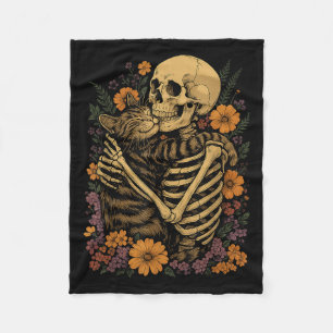 Skeleton Hugging Cat Floral Halloween Cats Lover  Fleece Blanket