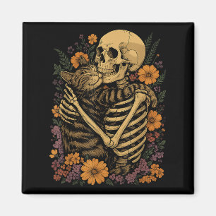 Skeleton Hugging Cat Floral Halloween Cats Lover Magnet