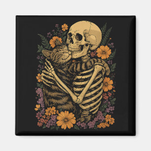 Skeleton Hugging Cat Floral Halloween Cats Lover Magnet