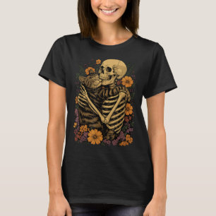Skeleton Hugging Cat Floral Halloween Cats Lover  T-Shirt
