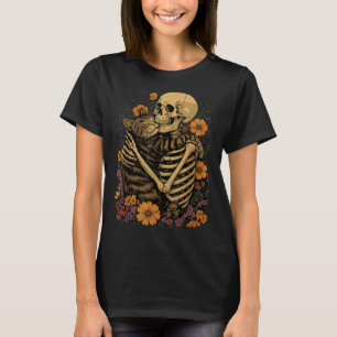 Skeleton Hugging Cat Floral Halloween Cats Lover  T-Shirt
