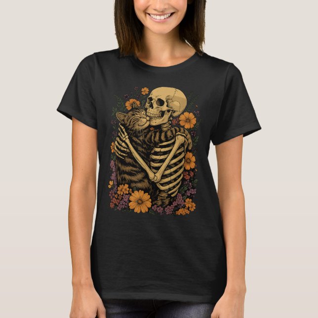 Skeleton Hugging Cat Floral Halloween Cats Lover  T-Shirt (Front)