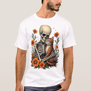 Skeleton Hugging Cat Floral Halloween Cats Lover T-Shirt
