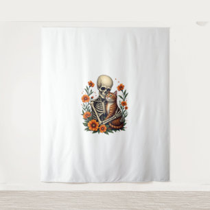 Skeleton Hugging Cat Floral Halloween Cats Lover Tapestry