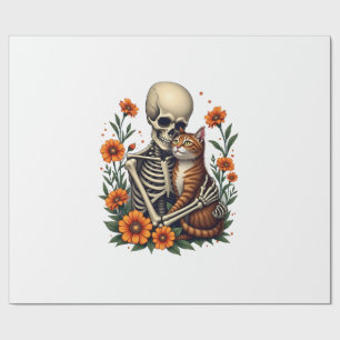 Skeleton Hugging Cat Floral Halloween Cats Lover Wrapping Paper