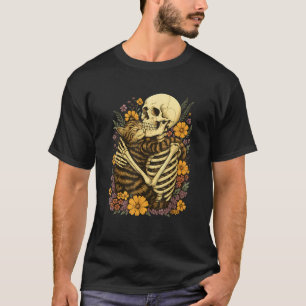 Skeleton Hugging Cat Floral Halloween Creepy Cute  T-Shirt