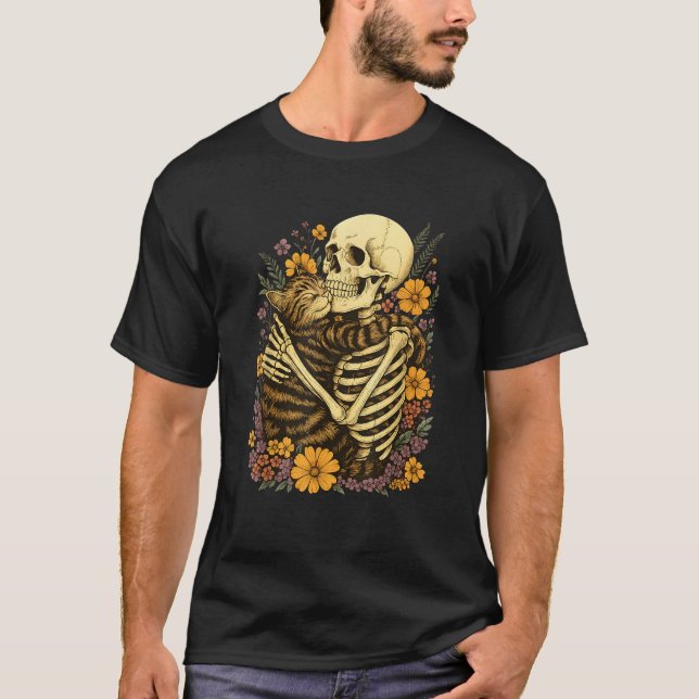 Skeleton Hugging Cat Floral Halloween Creepy Cute  T-Shirt (Front)