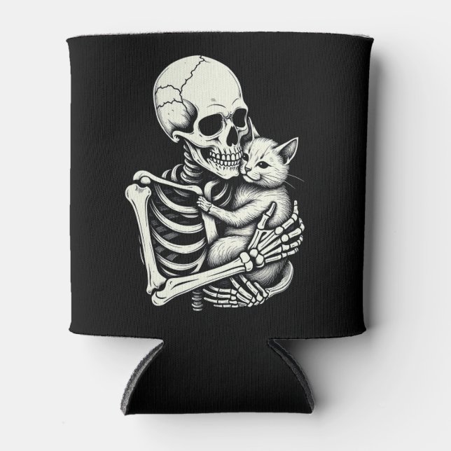 Skeleton Hugging Cat Funny Halloween Cat Lover Can Cooler (Front)