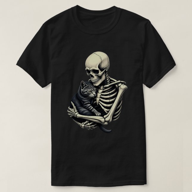 Skeleton Hugging Cat Funny Halloween Cat Lover T-Shirt (Design Front)