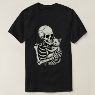 Skeleton Hugging Cat Funny Halloween Cat Lover T-Shirt