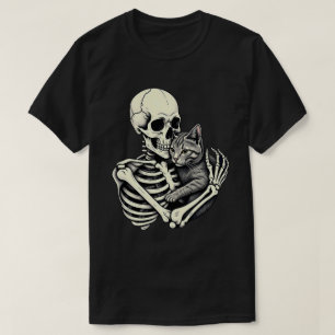 Skeleton Hugging Cat Funny Halloween Cat Lover T-Shirt