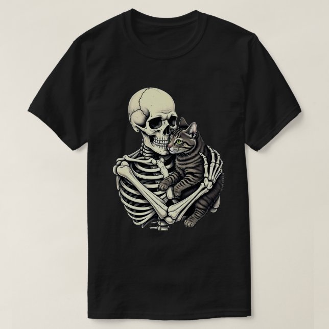 Skeleton Hugging Cat Funny Halloween Cat Lover T-Shirt (Design Front)